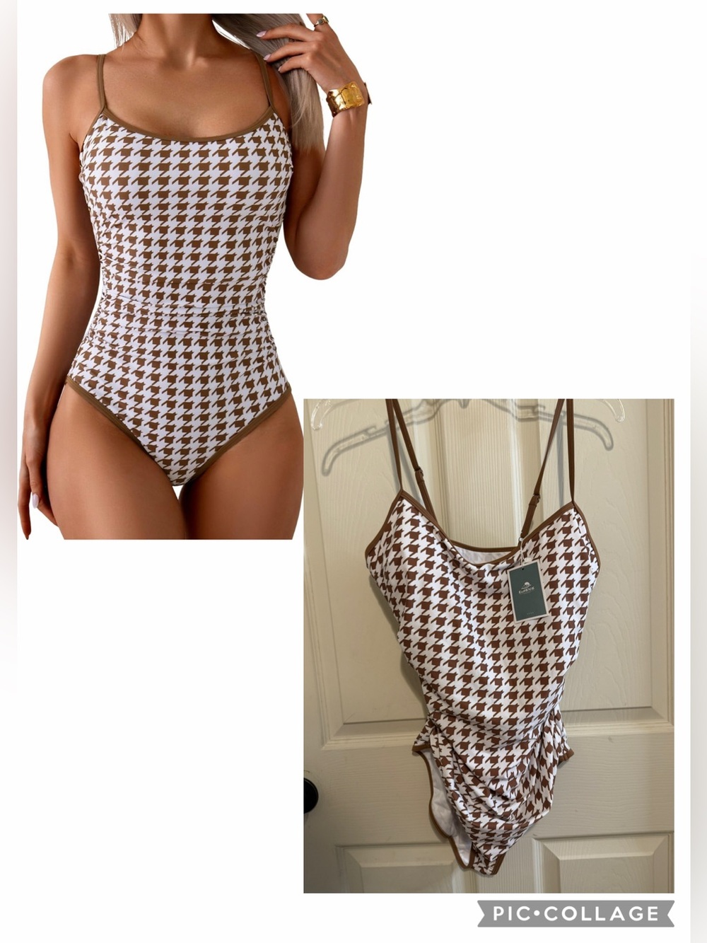 Brown & White Houndstooth One-Piece Swimsuit Size Large